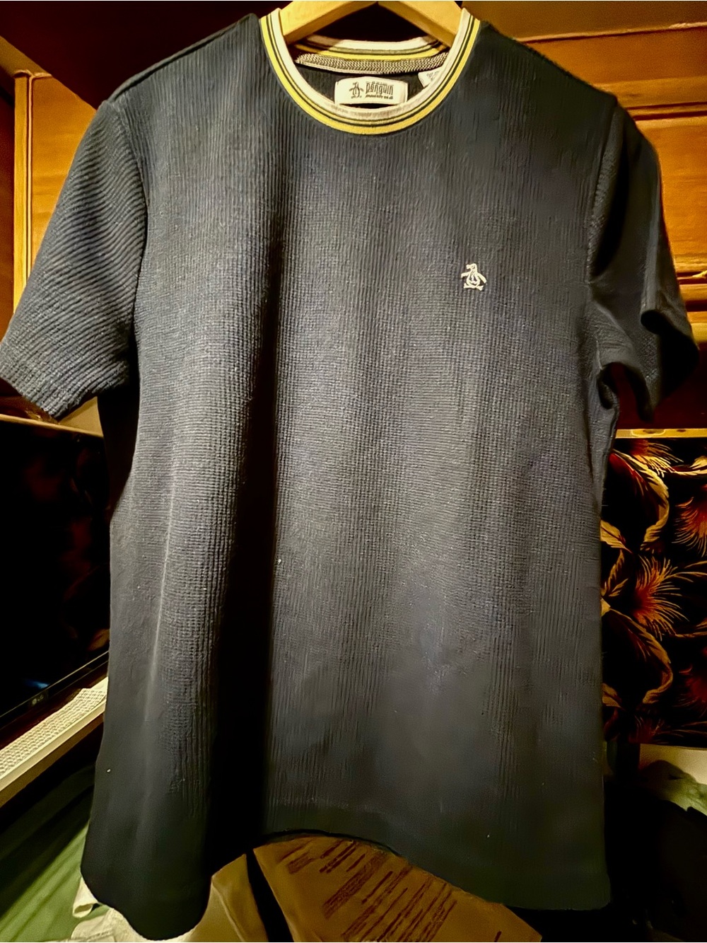 Original Penguin Navy Short-Sleeve Ribbed Crew Tee with Yellow Trim